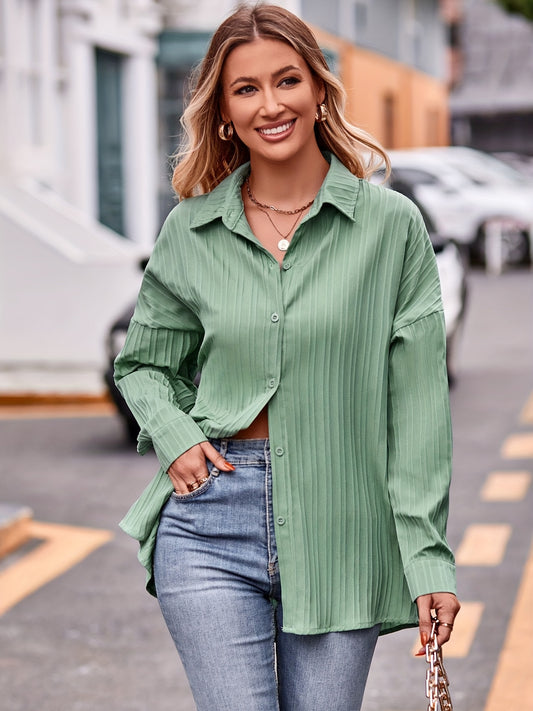  Ribbed Button Up Long Sleeve Blouse