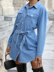 Long Sleeves Long Denim Jacket Single Breasted Button Lapel Denim Coat