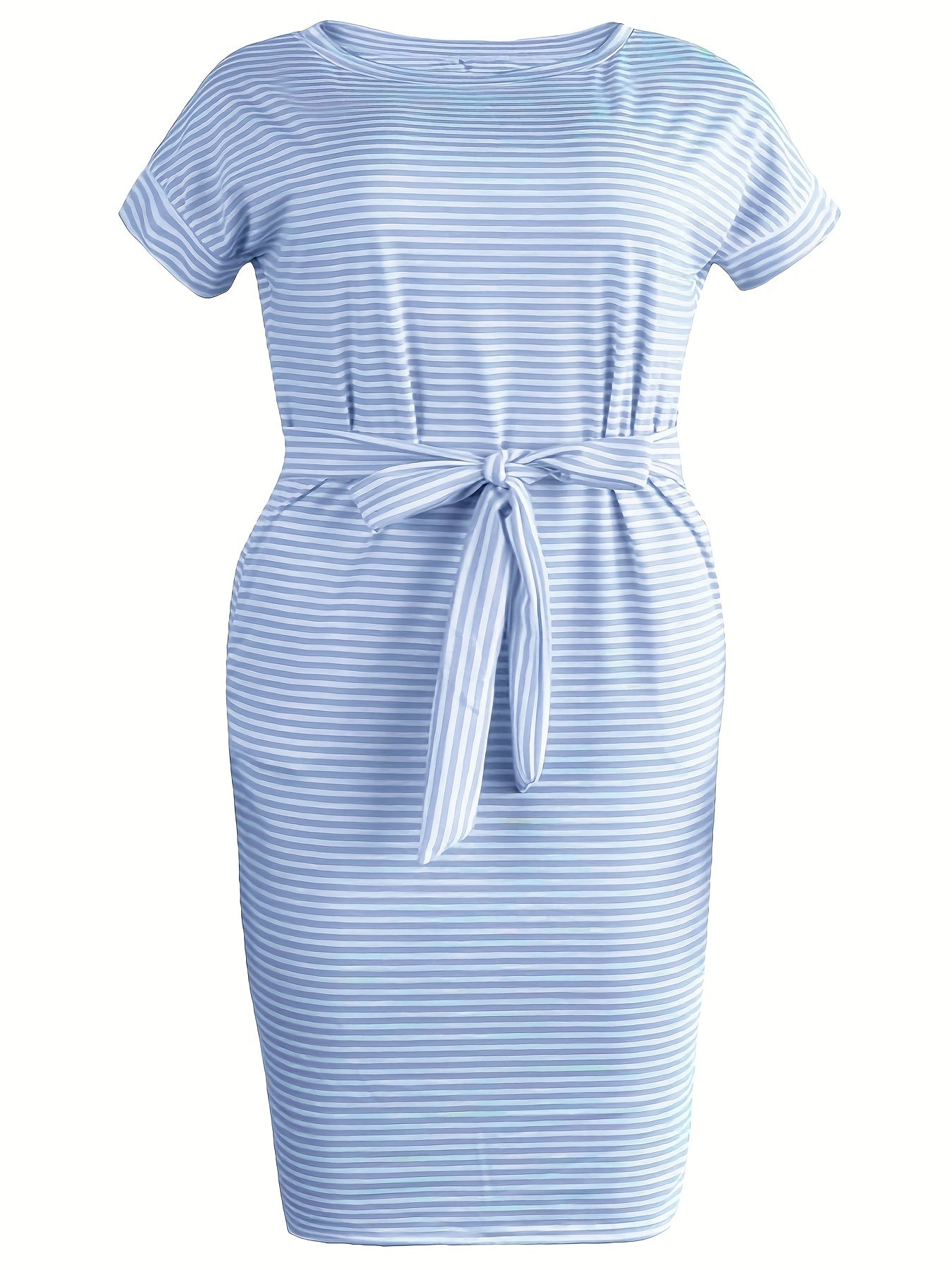  Casual Stripe Print Short Sleeve Dress with Pockets