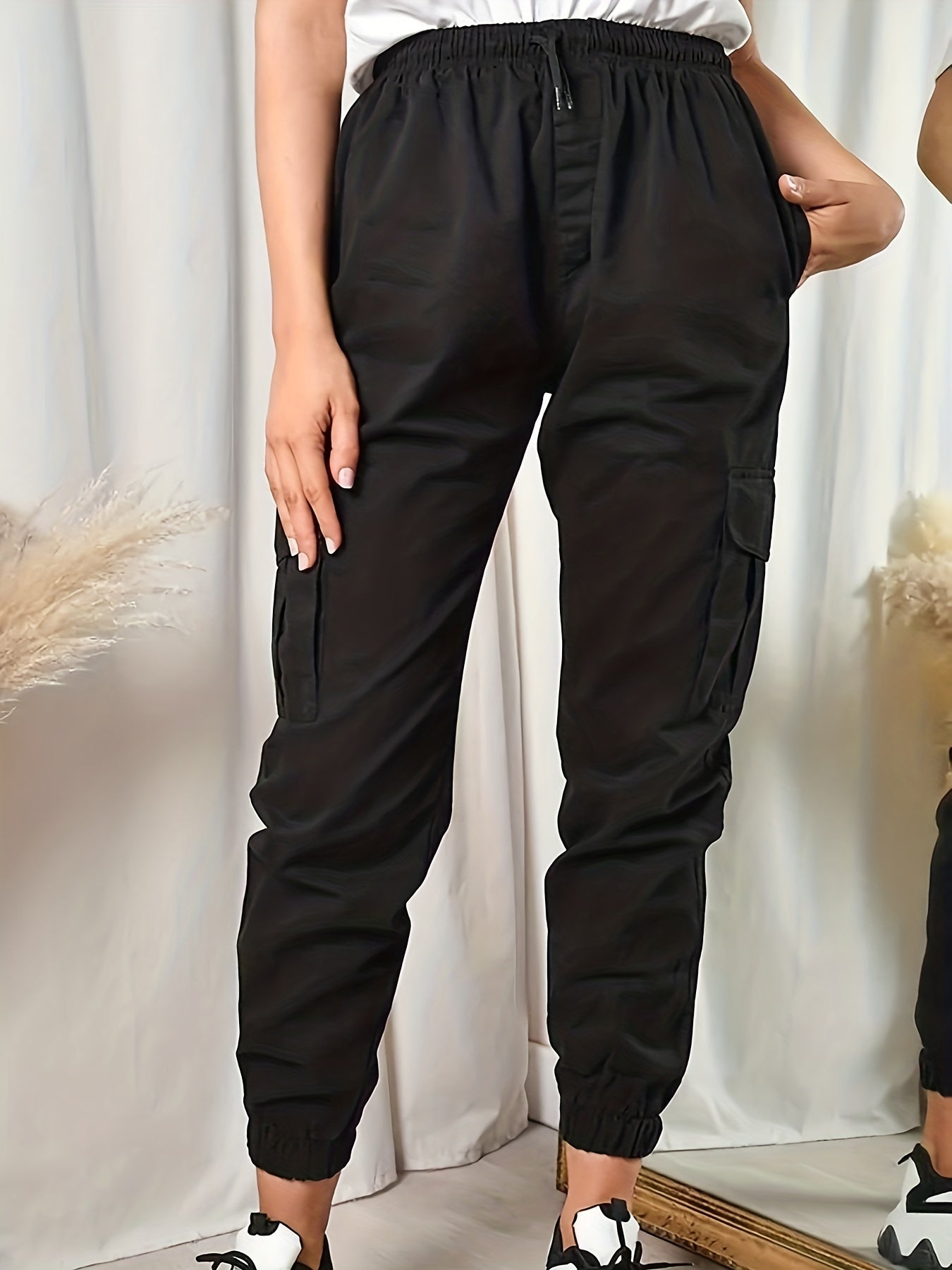  Solid Elastic Drawstring High Rise Jogger Cargo Trousers