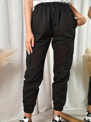  Solid Elastic Drawstring High Rise Jogger Cargo Trousers