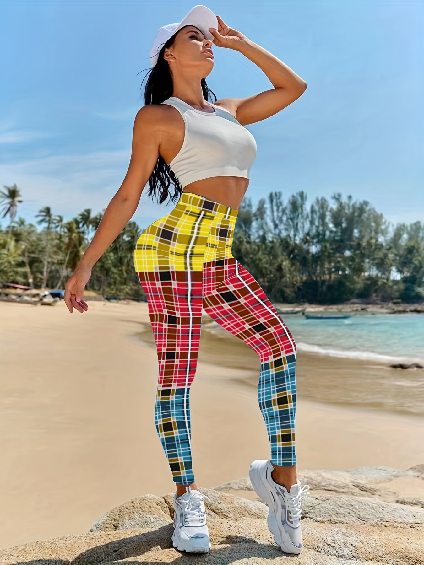  Colorblock Plaid Print Leggings Medium Stretch Elastic Waist