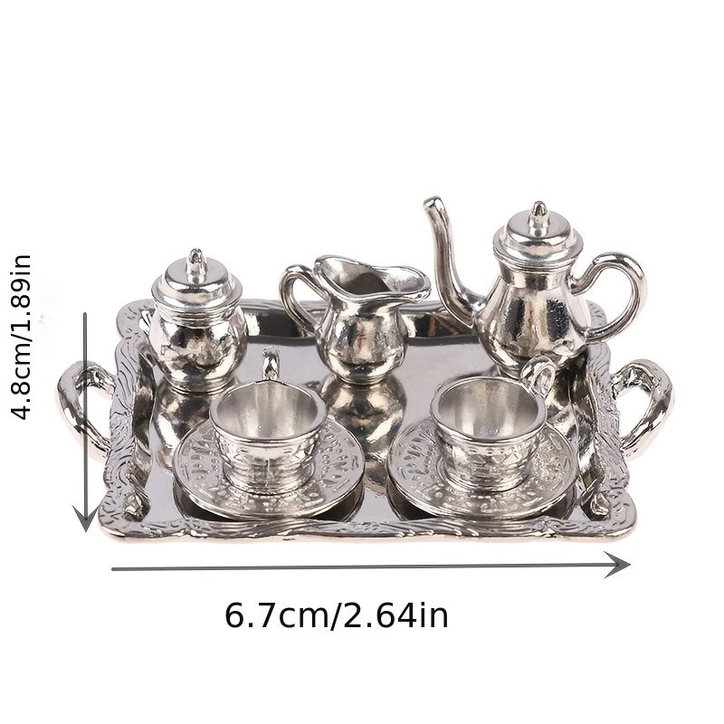 10pcs 1:12 Dollhouse Silver Metal Tea Coffee Tray Tableware Set