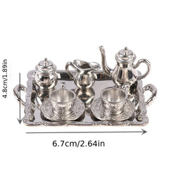 10pcs 1:12 Dollhouse Silver Metal Tea Coffee Tray Tableware Set
