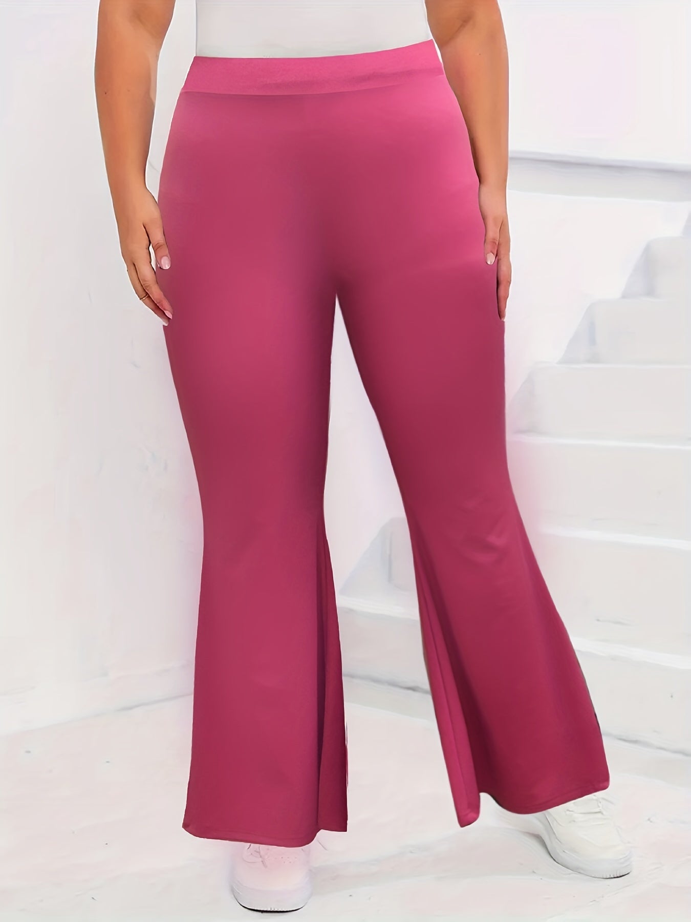  Solid Elastic High Rise Flared Leg Trousers