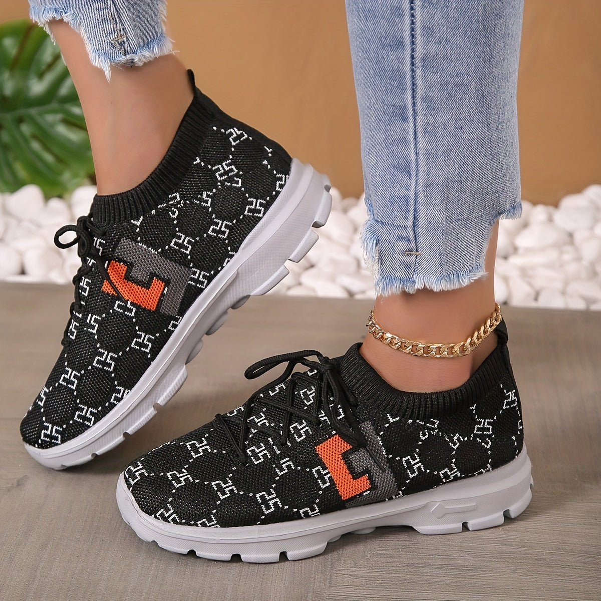 Women's Geometric Pattern Sneakers Casual Lace Up Outdoor Shoes