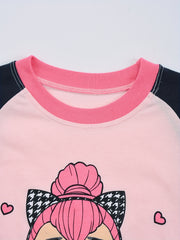 Cartoon Girl Pattern Kid's Pajamas 2pcs Top & Pants Set