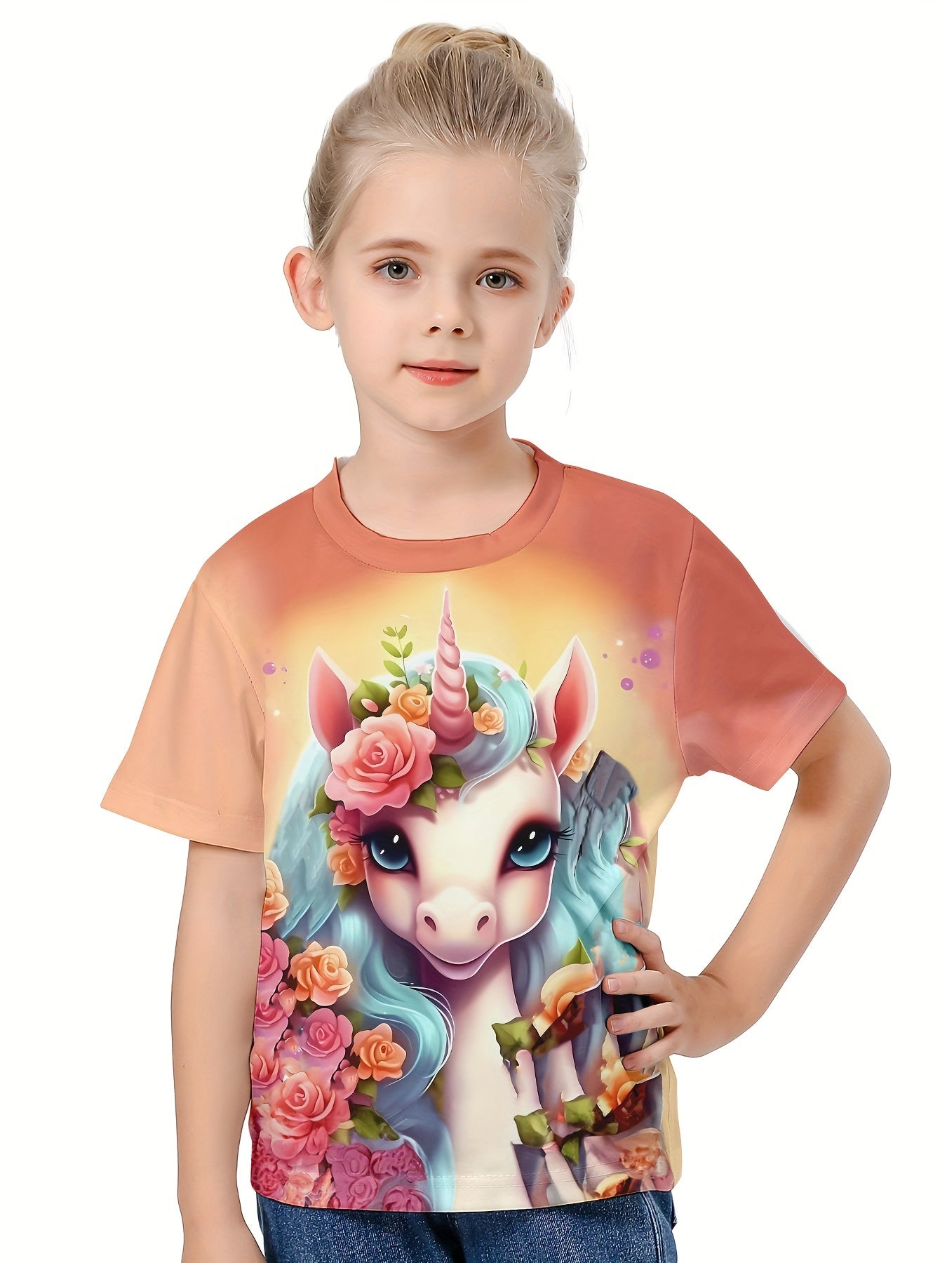 3D Unicorn Graphic Crew Neck Short Sleeve T shirt Girls Casual Pullover Tops