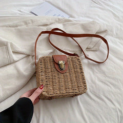 Rattan Woven Crossbody Bag Straw Beach Bag Square Purse