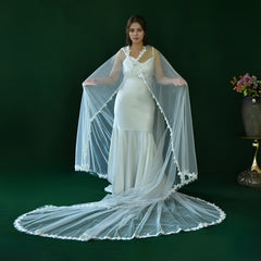 Long Train Bridal Veil with Lace Trim for Brides