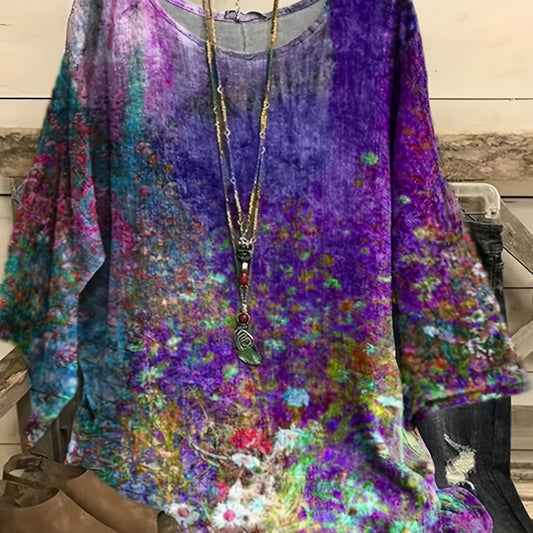  Casual Blouse Women's Plus Tie Dye Floral Print Long Sleeve Top