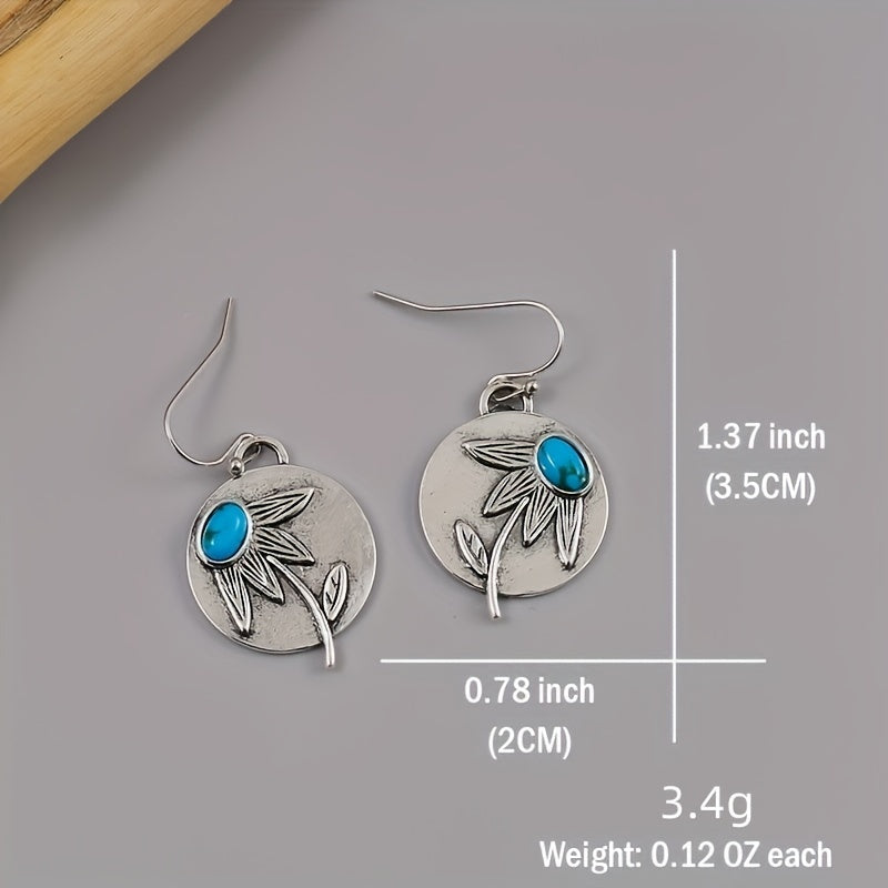 Vintage Disc Turquoise Drop Earrings 925 Silver Plated Ethnic Style Ear Jewelry