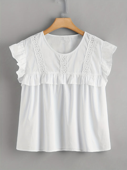  Lace Trim Cap Sleeve Blouse