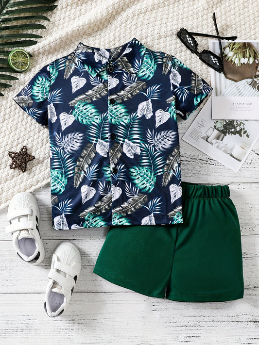 Boys Leaf Print Casual Outfit Shirt & Shorts Set