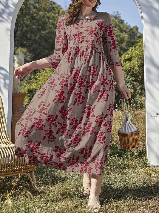  Boho Dress Women's Plus Floral Print Ruched Loose Fit Dress