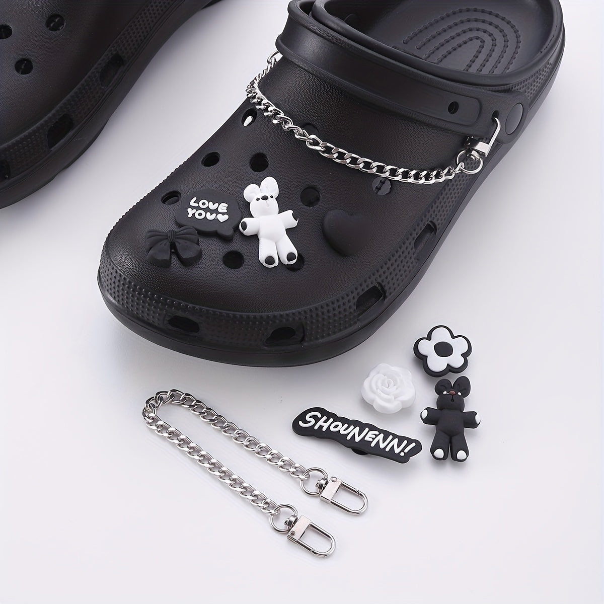 10pcs Cartoon Bunny Shoe Charm With Chain & Pattern Clogs Buckle