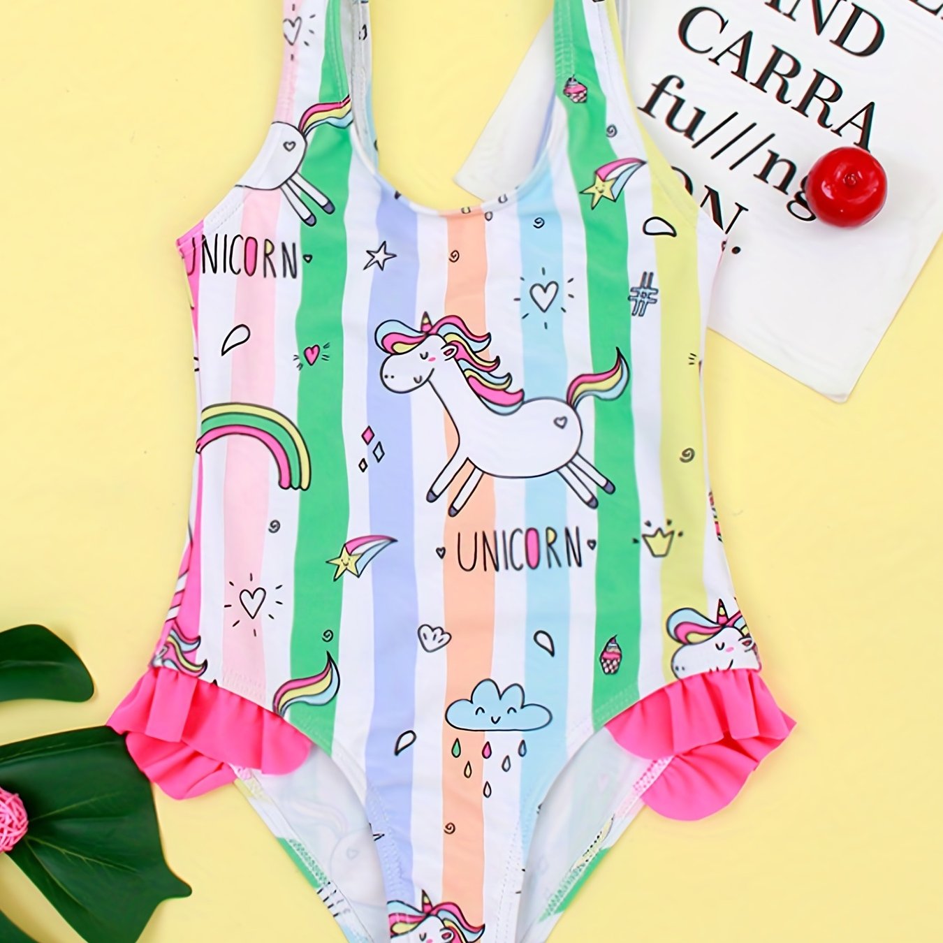 Girls Pony Graphic One Piece Swimsuit Striped Sleeveless Swimwear