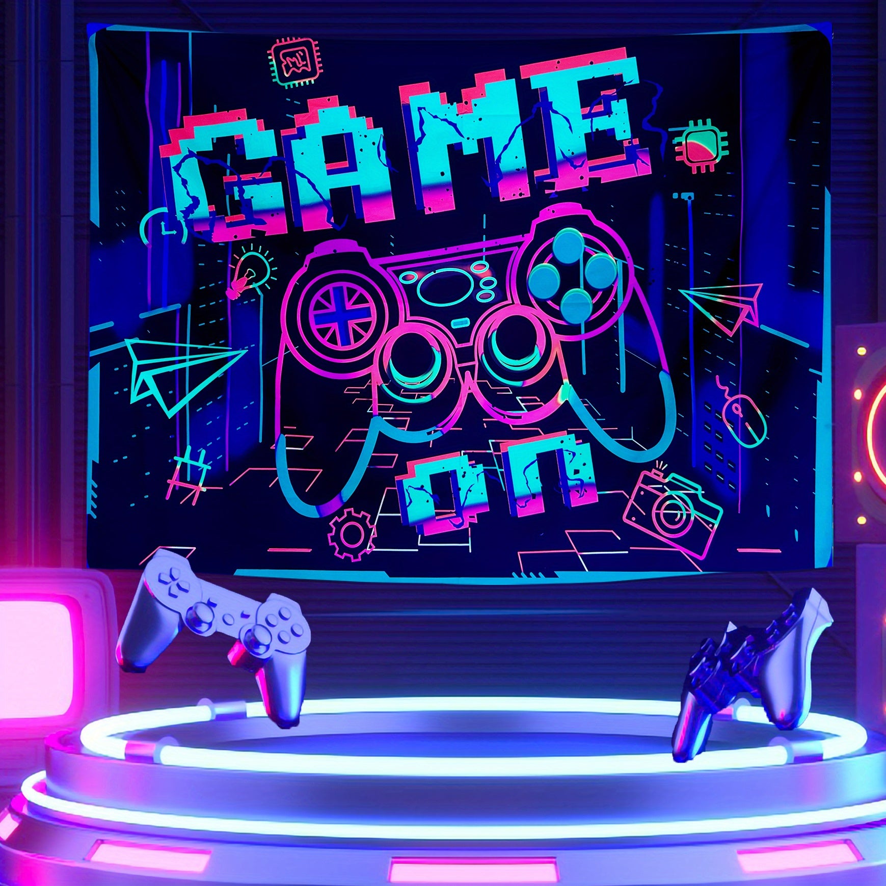 Fluorescent UV Light Tapestry Wall Hanging - Game Night Party Design