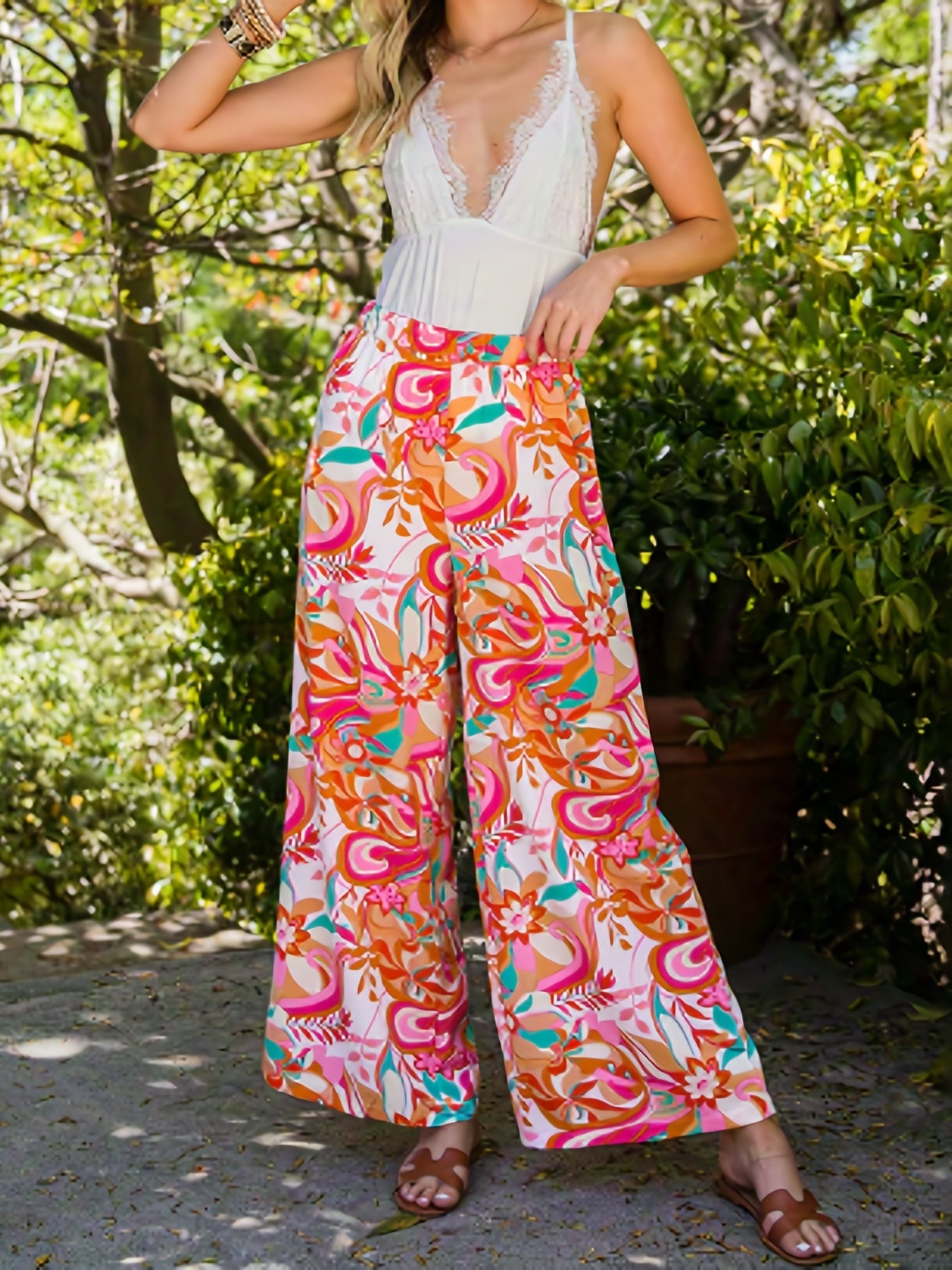  Floral Print High Rise Straight Leg Beach Pants