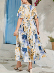  Marble Print Butterfly Sleeve Maxi Smock Dress With Belt