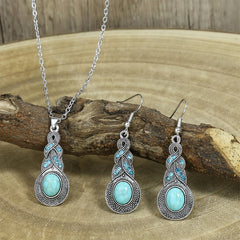 Bohemian Turquoise Inlaid Rhinestones Water Drop Earrings Necklace Set