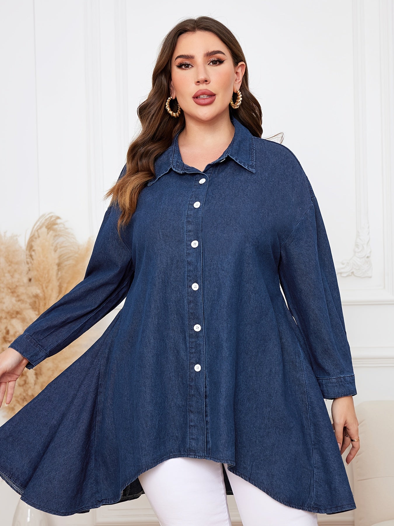  Casual Denim Top Women's Plus Solid Button Up Long Sleeve Tunic