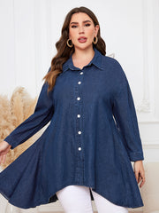  Casual Denim Top Women's Plus Solid Button Up Long Sleeve Tunic