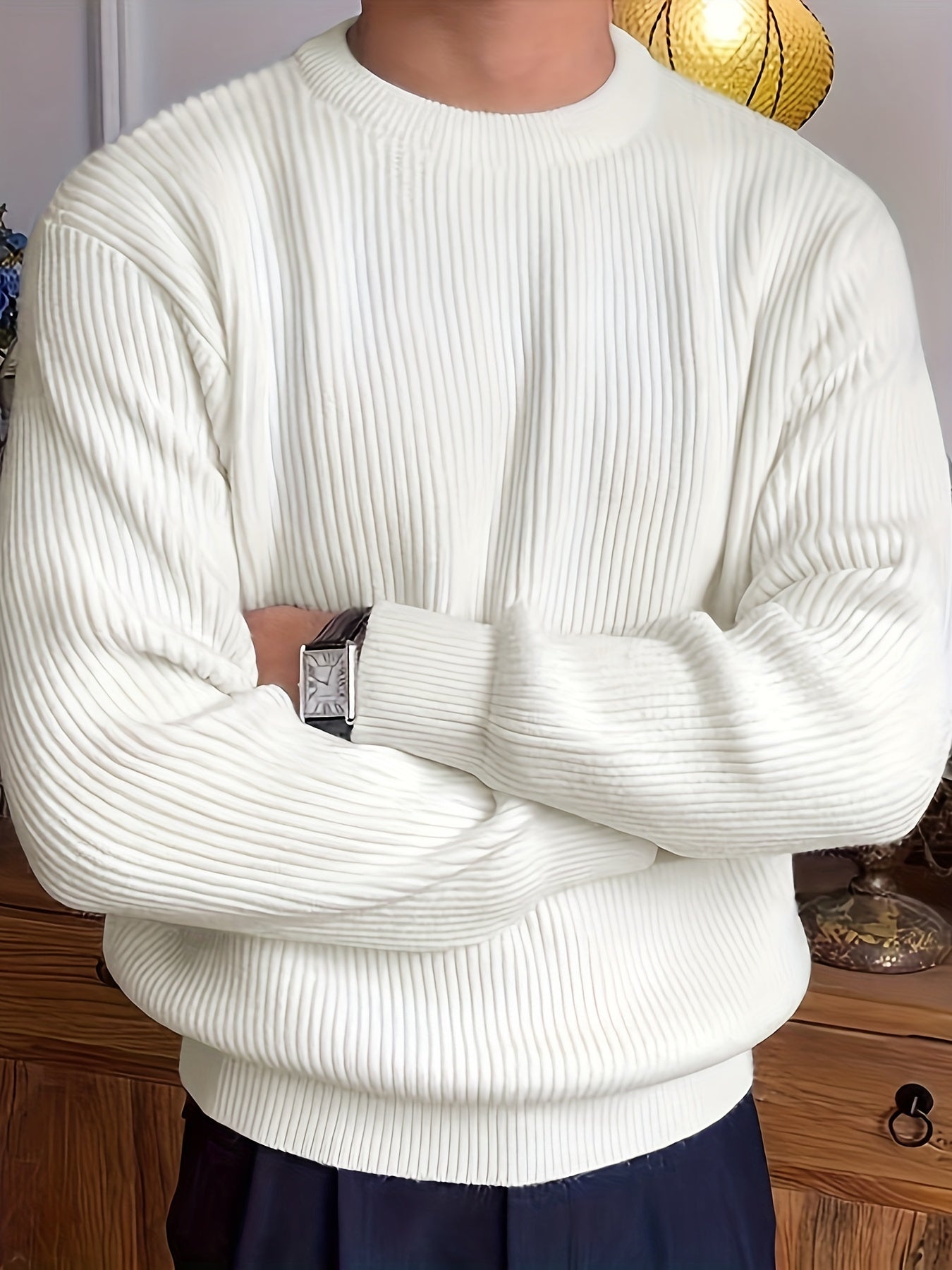 Men's Casual Solid Knitted Sweater Round Neck Pullover For Fall Winter