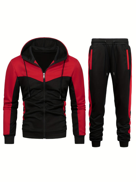Men's Zip Up Hooded Jacket & Sweatpants Set for Outdoor Activities
