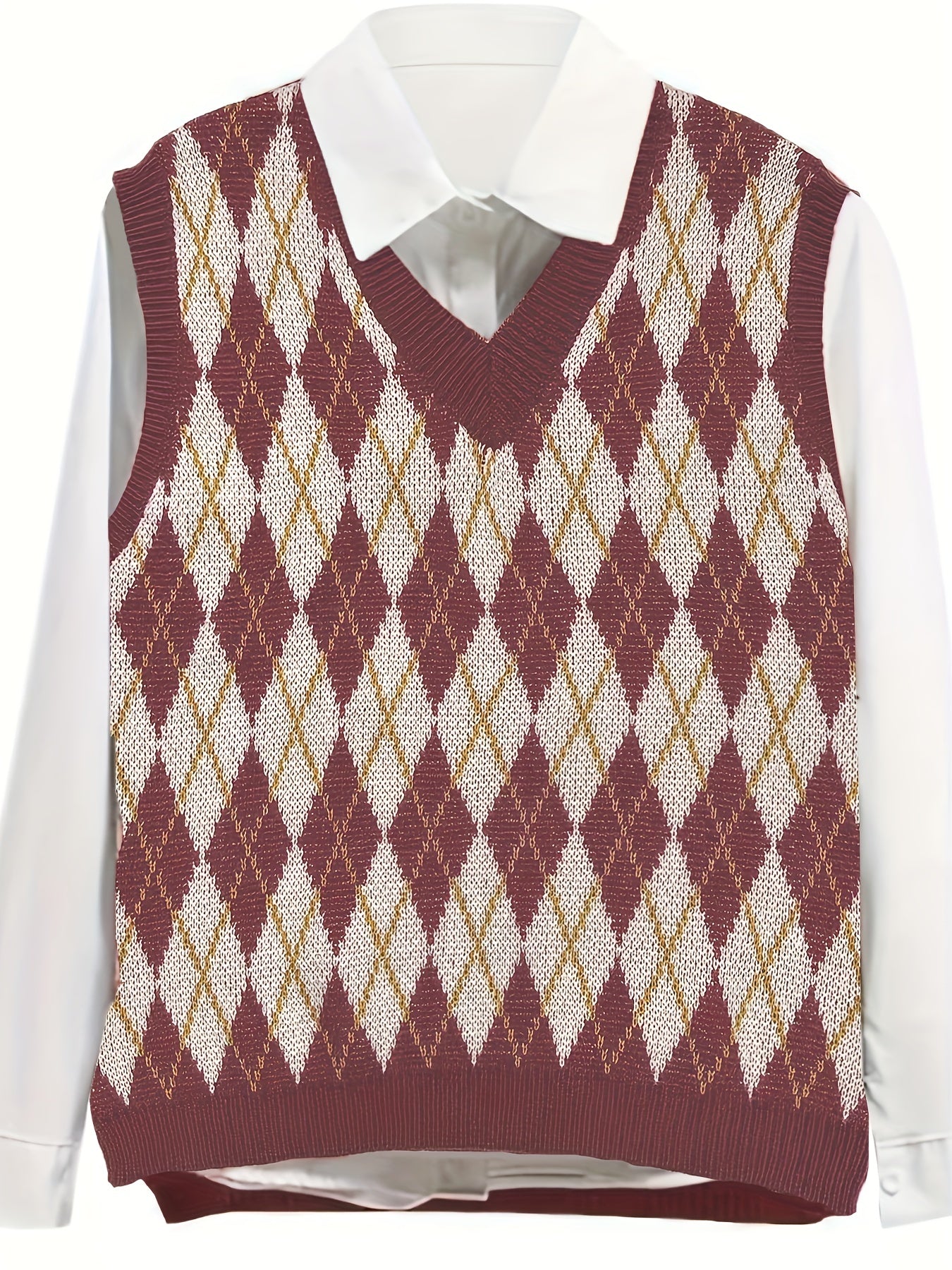  Preppy Knit Vest Women's Plus Argyle Print V Neck Knit Vest