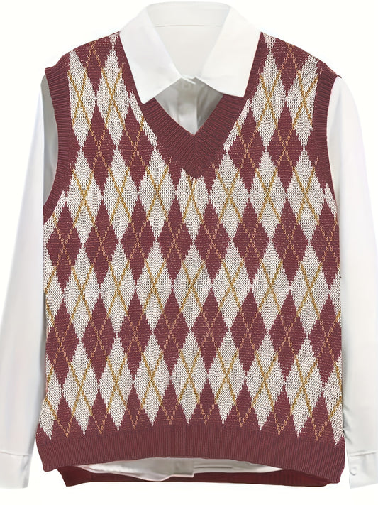  Preppy Knit Vest Women's Plus Argyle Print V Neck Knit Vest