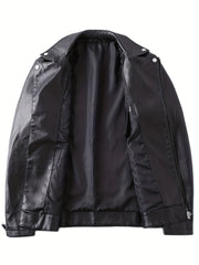 PU Biker Jacket Men's Casual Solid Zip Up Lapel Faux Leather Jacket