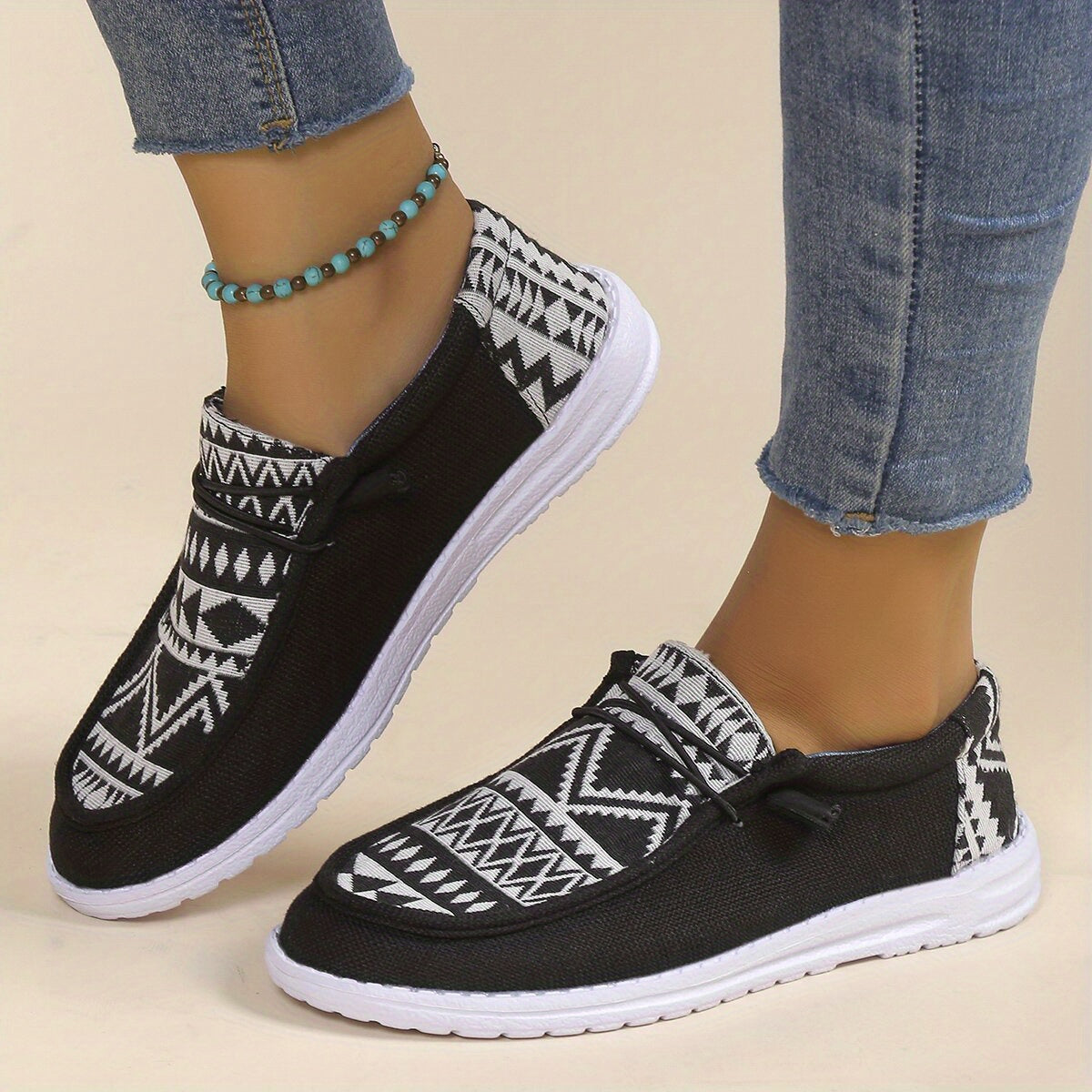 Women's Geometric Pattern Canvas Slip-On Loafers