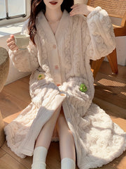 Floral Decor Fuzzy Night Robe Long Sleeve V Neck Buttons Robe With Pockets