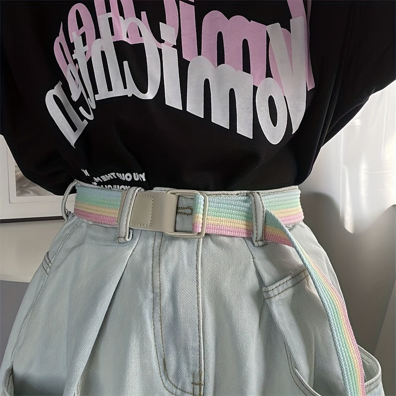 Colorful Striped Canvas Belt Double Loop Buckle Y2K Style