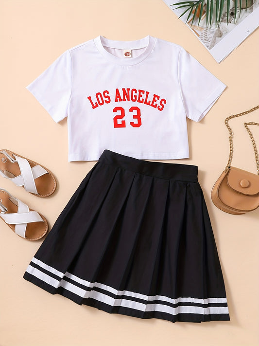 2pcs Girls LOS ANGELES Graphic Tee & Pleated Skirt Set Kids Summer Clothes