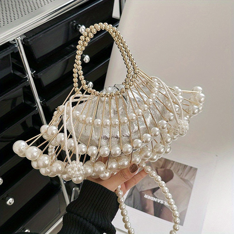 Fan Shaped Niche Hollow Bag Woven Faux Pearl Metal Dinner Bag