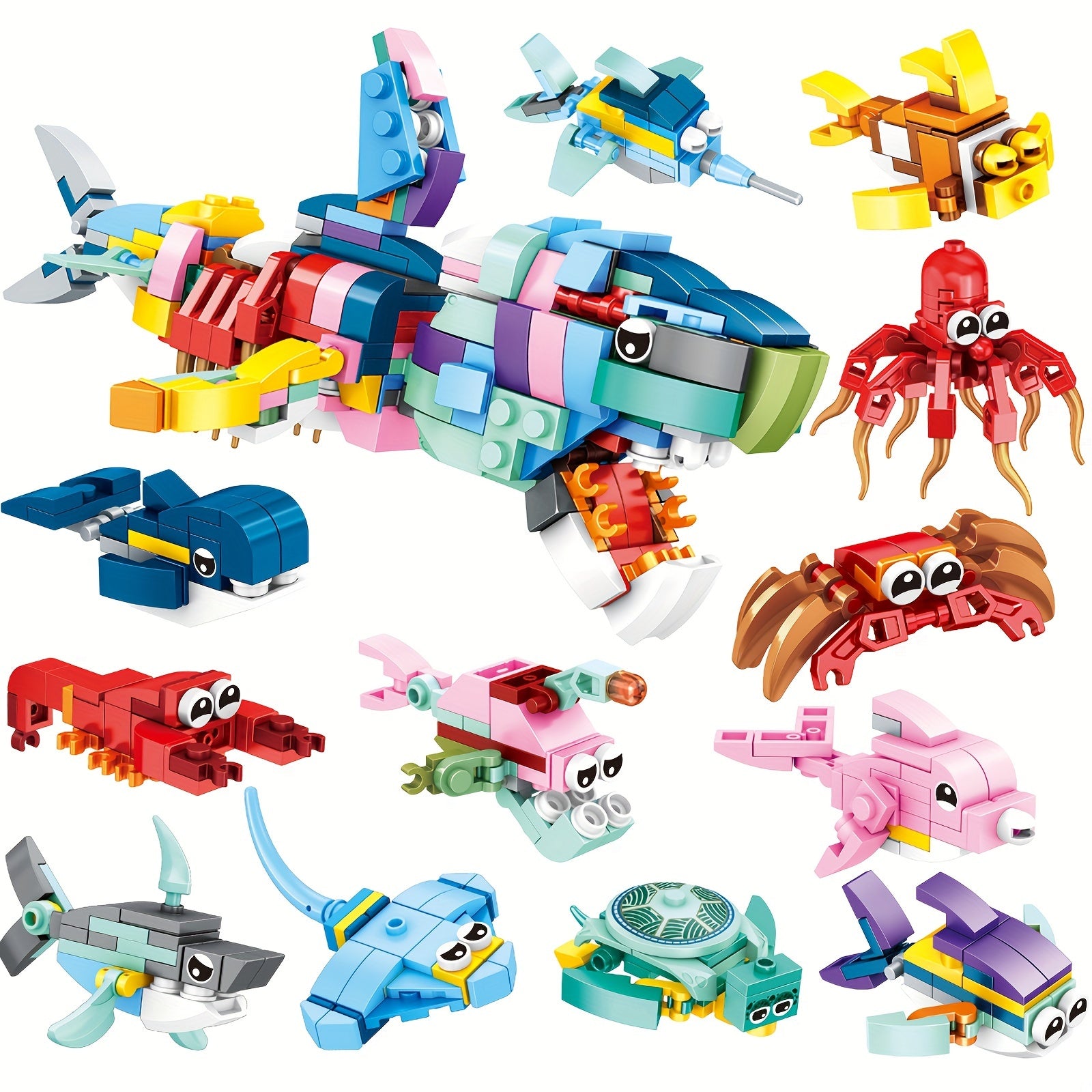 12 Ocean Animal Building Blocks Set - Playful Creatures & Giant Shark