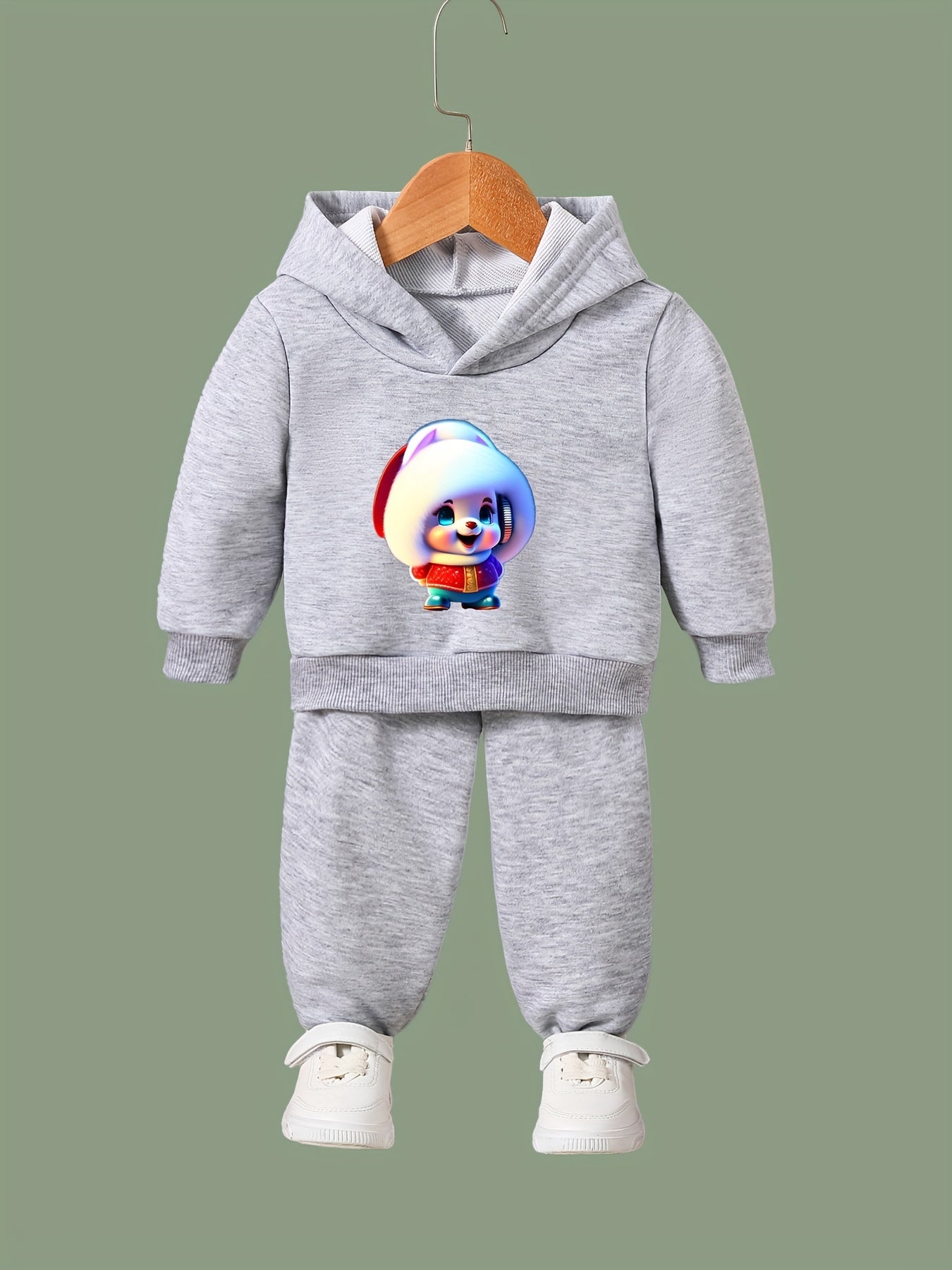 Girls Bunny Pattern Hooded Sweatshirt Top Set