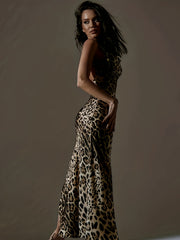 Leopard High Split Nightdress V Neck Backless Spaghetti Strap Sleep Dress