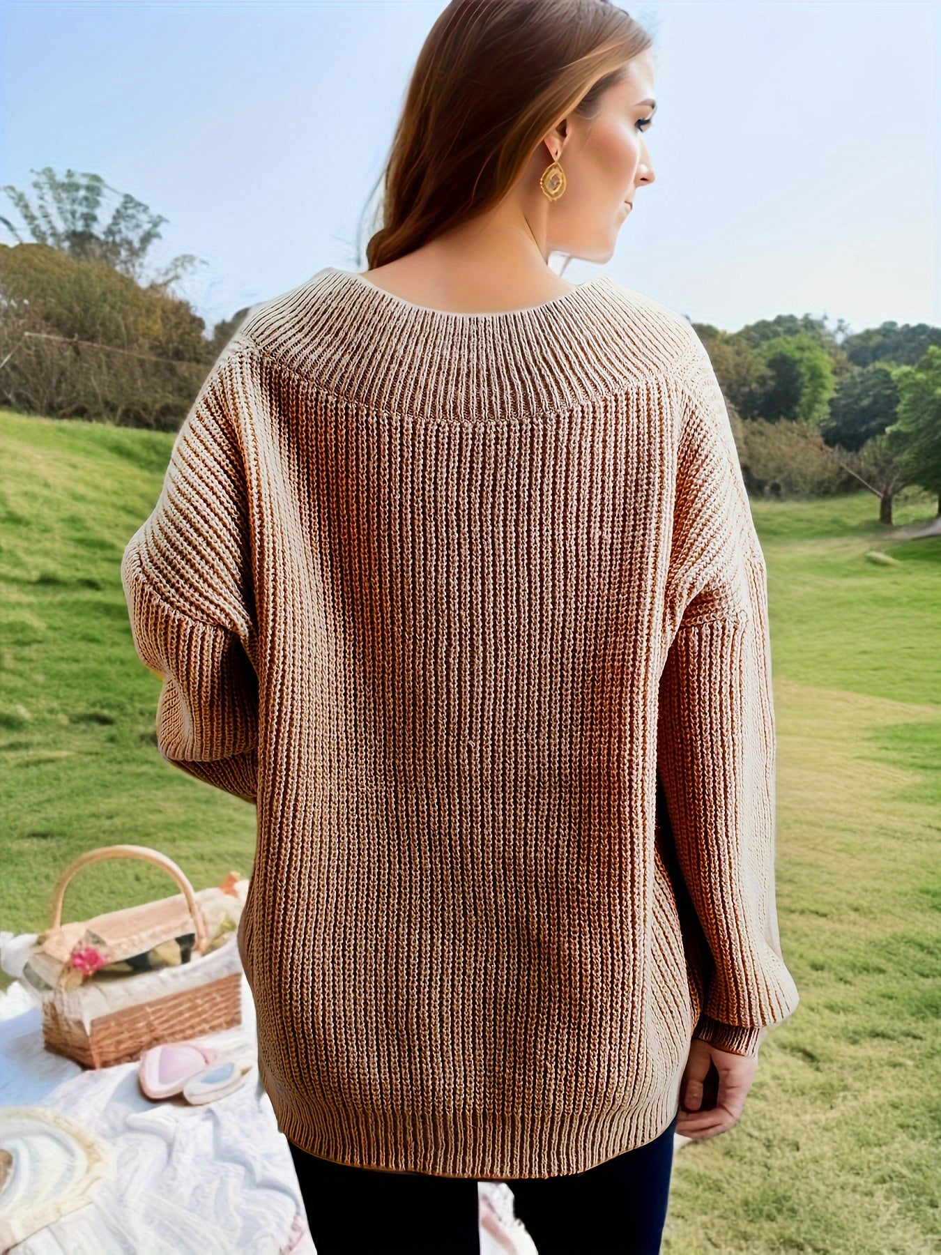  Solid V Neck Long Sleeve Sweater