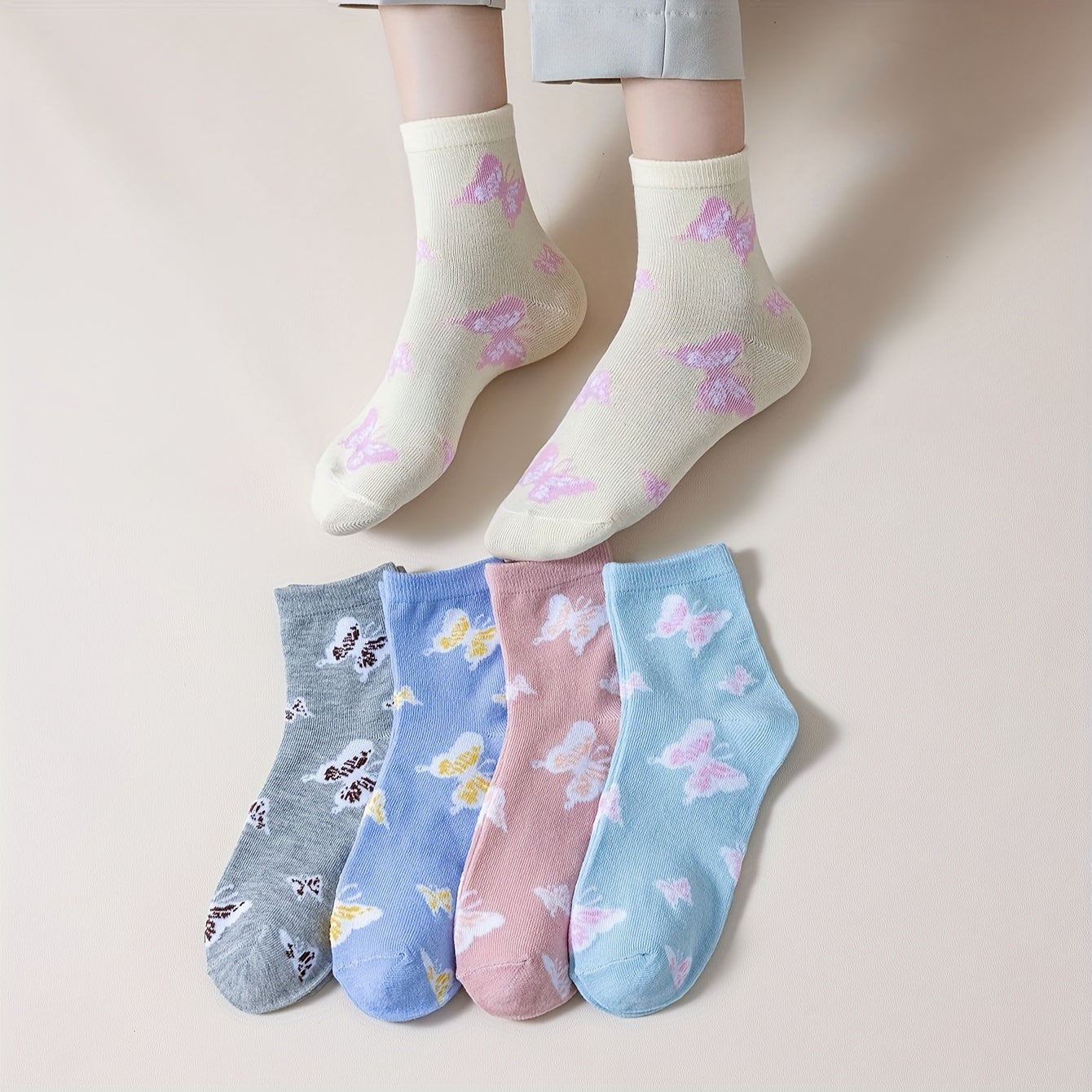 6 Pairs Butterfly Print Socks Comfy & Breathable Mid Tube Women's Stockings
