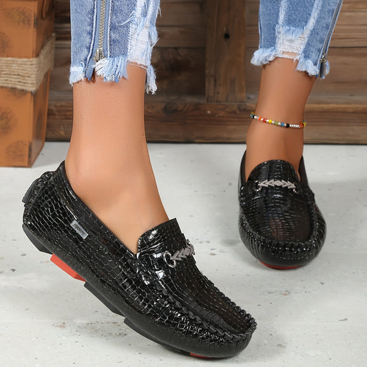 Women's Metallic Decor Loafers Slip On Low Round Toe Non-slip Patent Leather