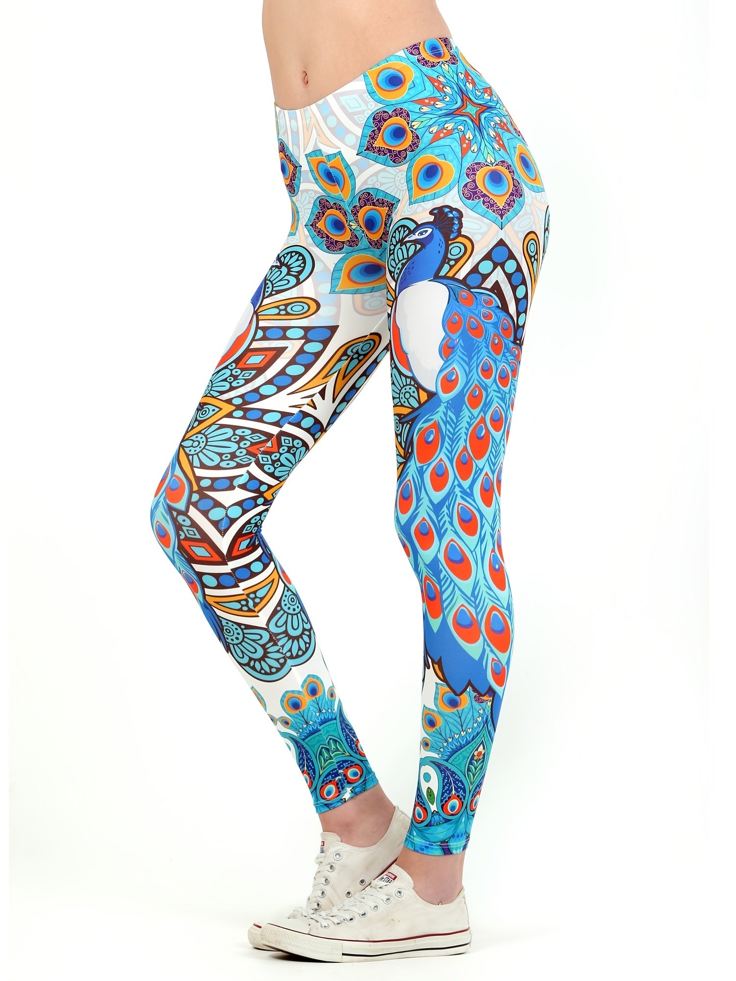 Peacock Print High Waist Leggings Elastic Bottoms Women's Clothing