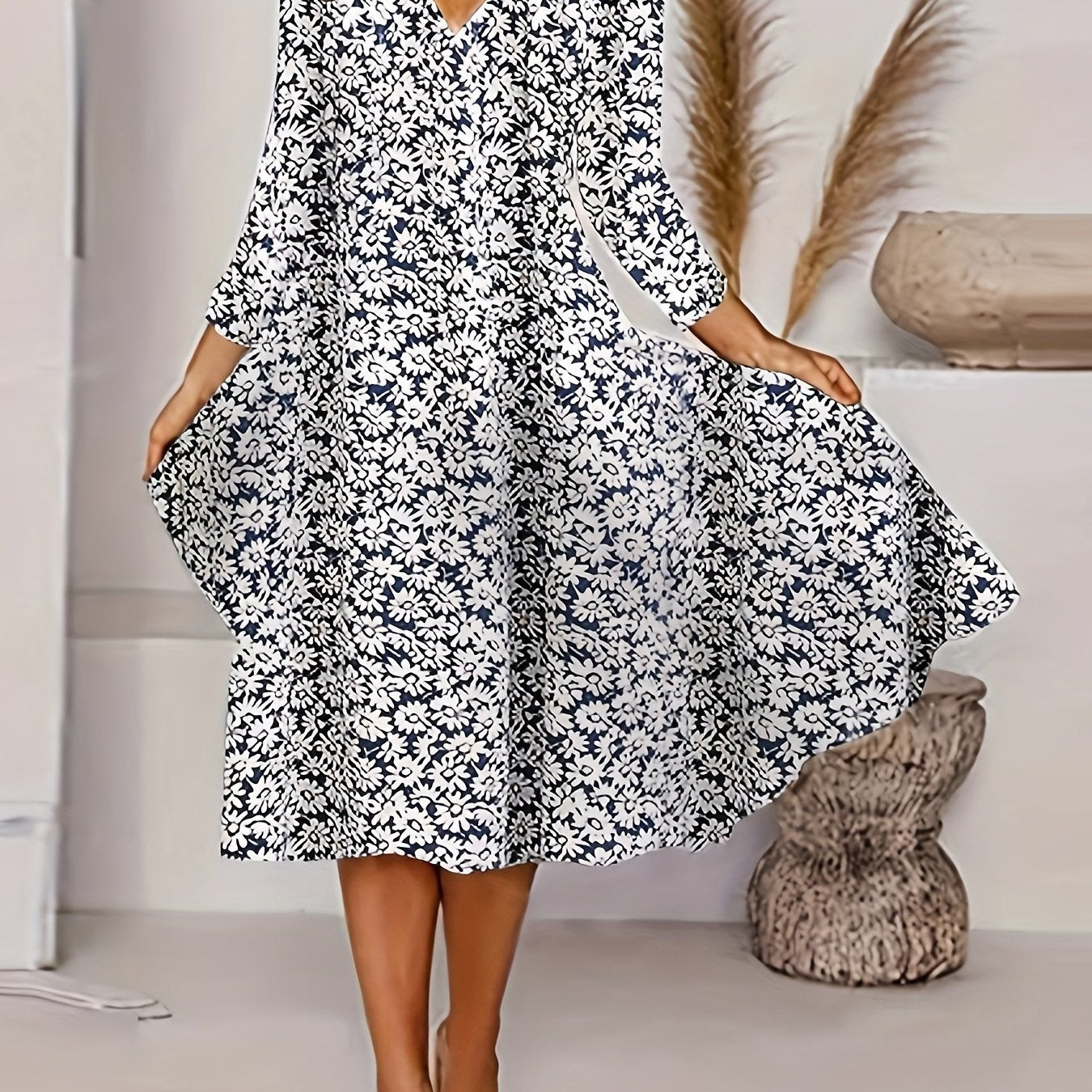  Casual Dress Women's Plus Floral Print V Neck Dress