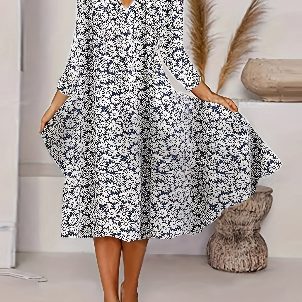  Casual Dress Women's Plus Floral Print V Neck Dress