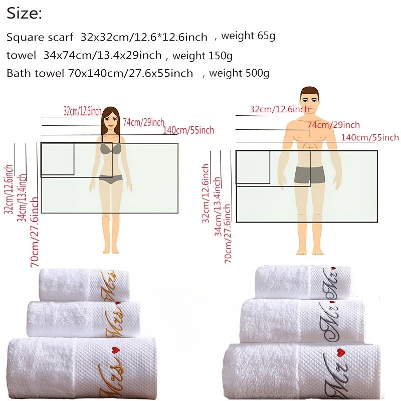 3pcs Love Embroidery Cotton Towel Set Soft Skin-friendly Bathroom & Hotel