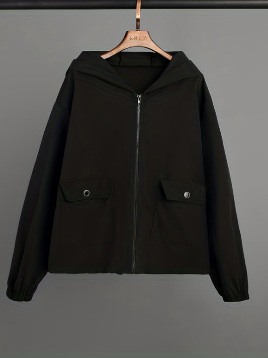 Casual Solid Zip Hooded Jacket with Flap Pockets