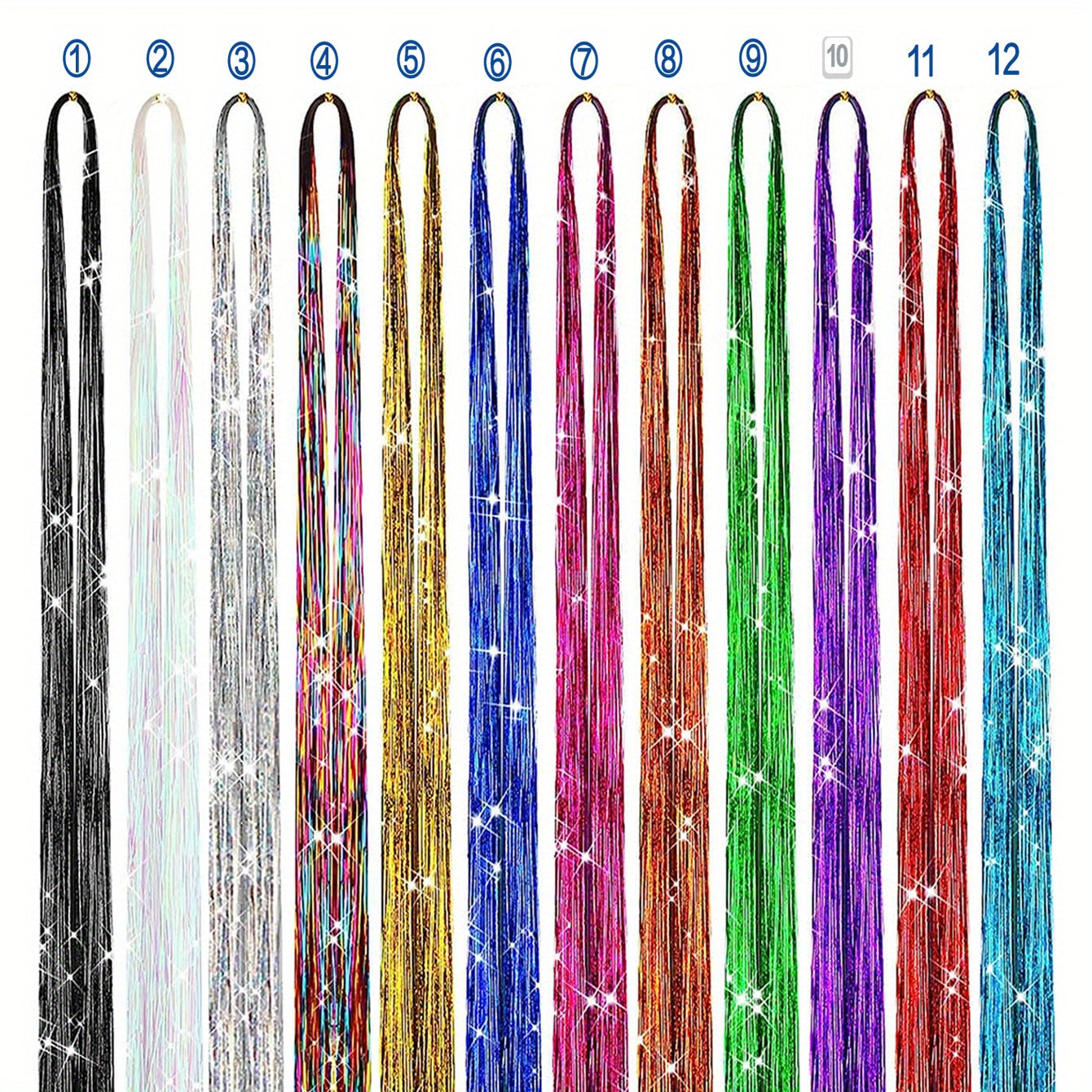 Sparkling Hair Tinsel Strands Kit - 12 Colors - 44cm - Highlights Extensions