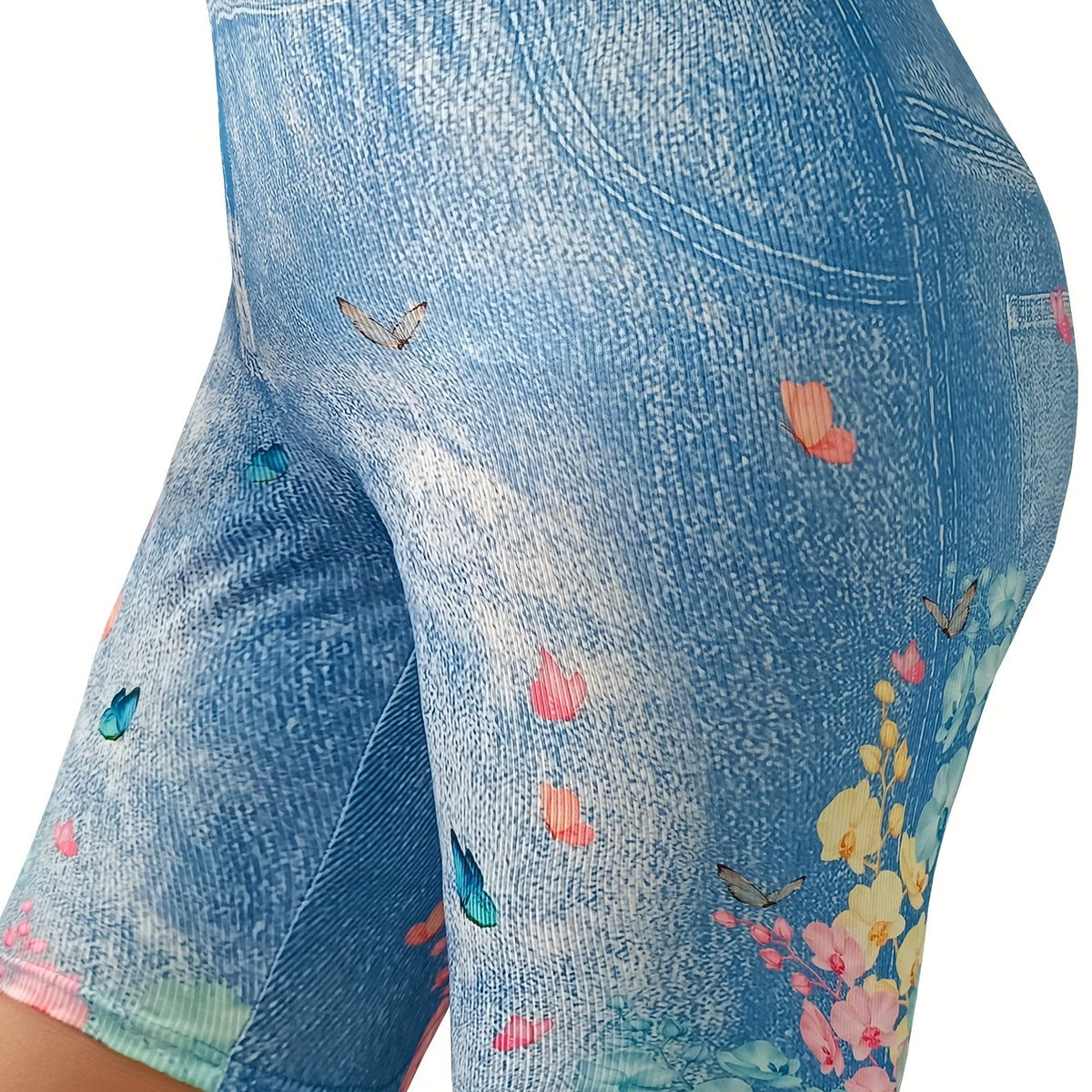  Denim & Butterfly Print High Rise Skinny Shorts
